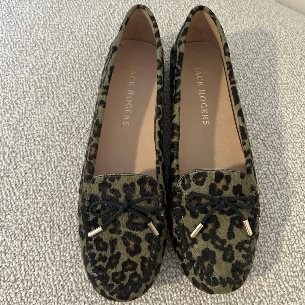 Jack Rogers Haircalf Millie Mocassin Bow Green Animal Print Leopard Flats 8.5
